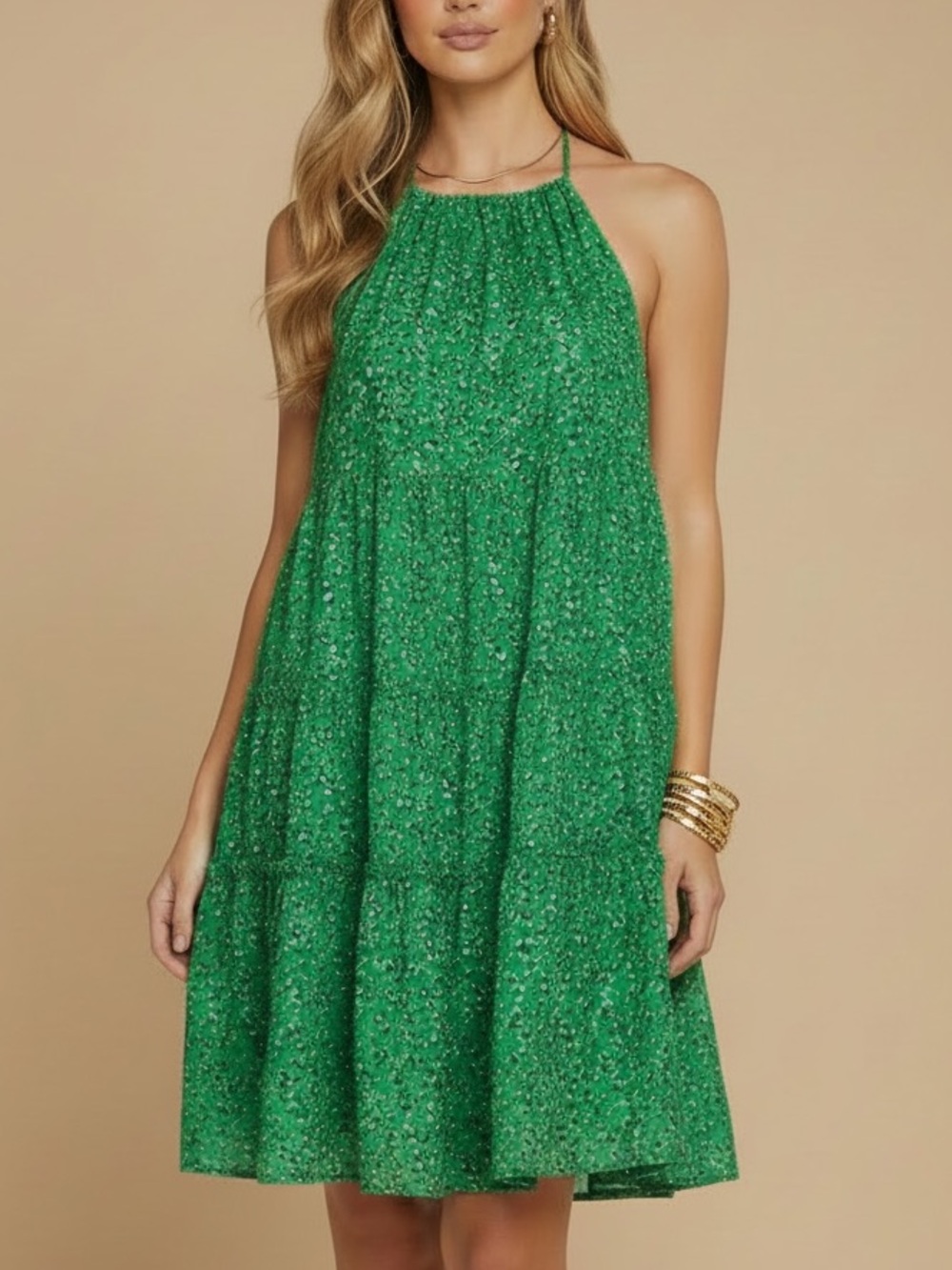 NWT CECE Green Floral Halter Tiered Lined Mini Dress Size Medium
